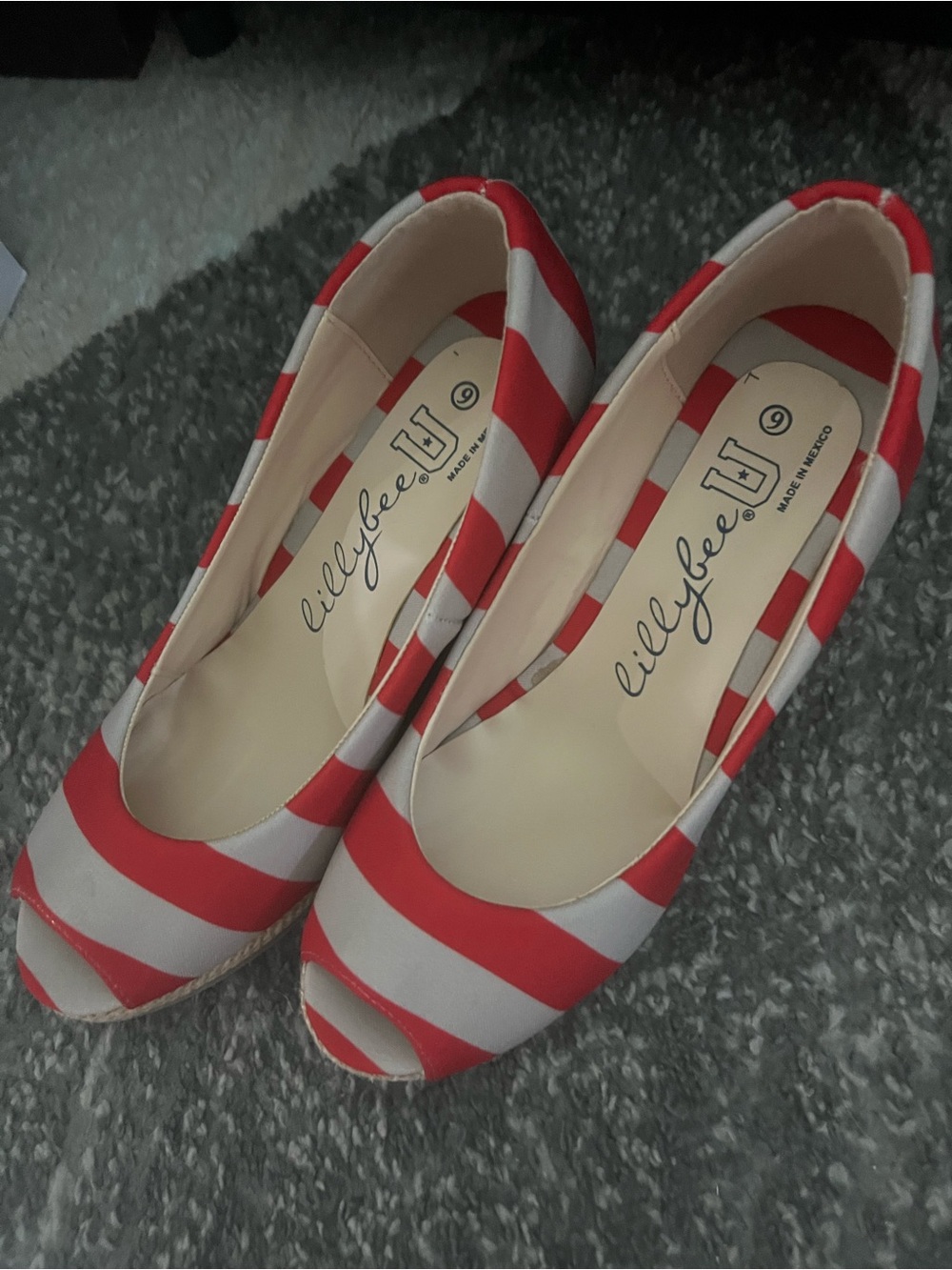 Lilly Bee U Red and Gray Striped Peep-Toe Wedge